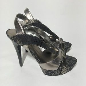 Guess Silver/Black Metallic Strappy Heels